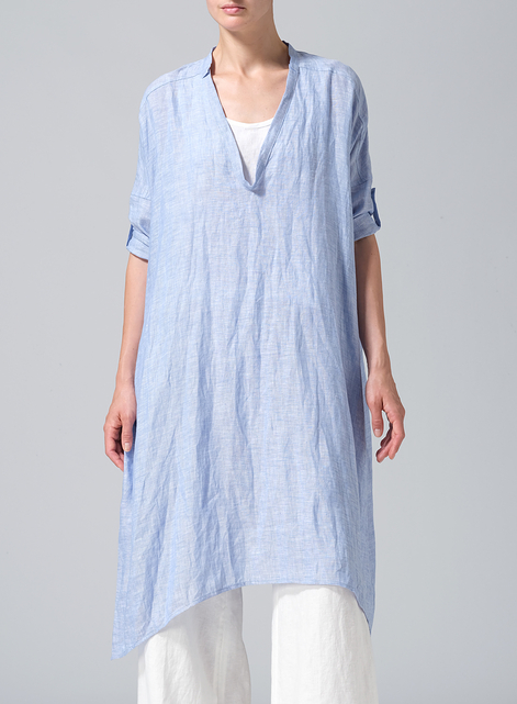 Linen Roll Sleeve Deep V-neck Tunic