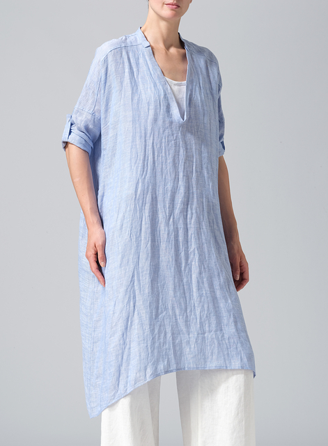 Linen Roll Sleeve Deep V-neck Tunic