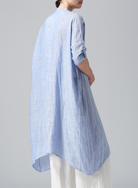 Linen Roll Sleeve Deep V-neck Tunic