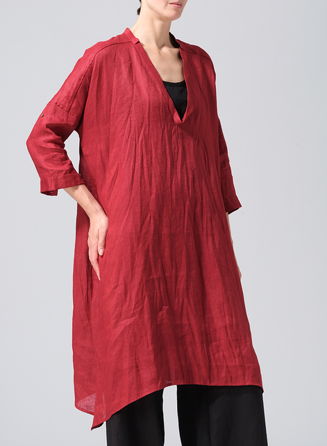 Linen Roll Sleeve Deep V-neck Tunic