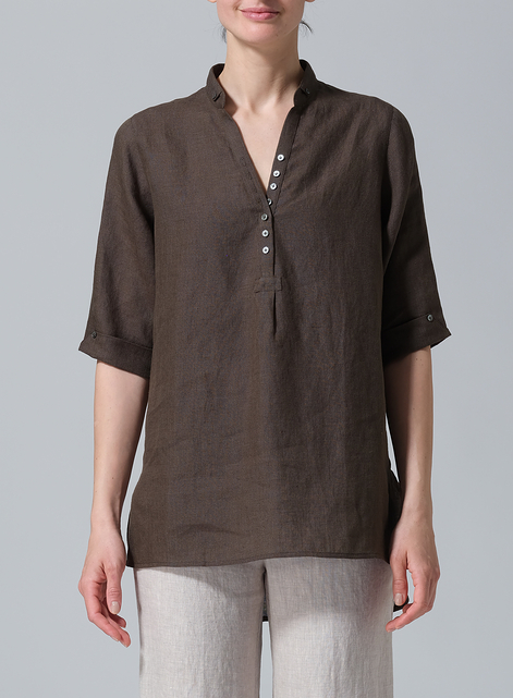 Linen V-Neck Three-quarter Sleeves Shirt