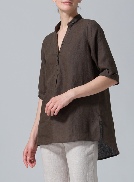 Linen V-Neck Three-quarter Sleeves Shirt