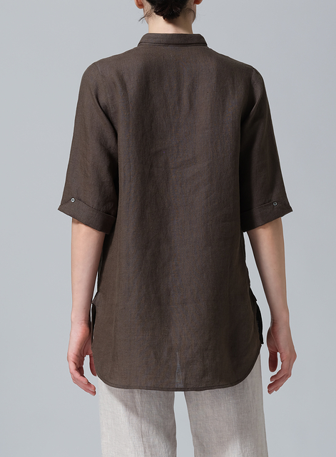 Linen V-Neck Three-quarter Sleeves Shirt