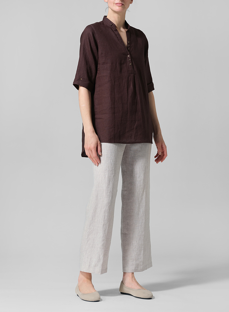 Linen V-Neck Three-quarter Sleeves Shirt