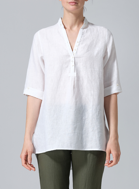 Linen V-Neck Three-quarter Sleeves Shirt