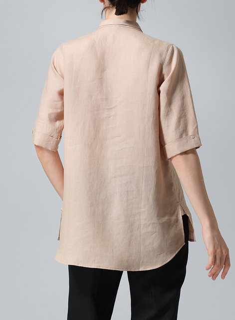 Linen V-Neck Three-quarter Sleeves Shirt