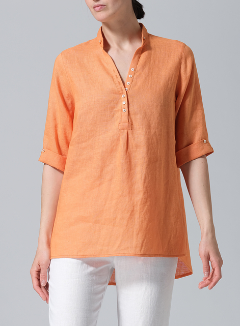 Linen V-Neck Three-quarter Sleeves Shirt
