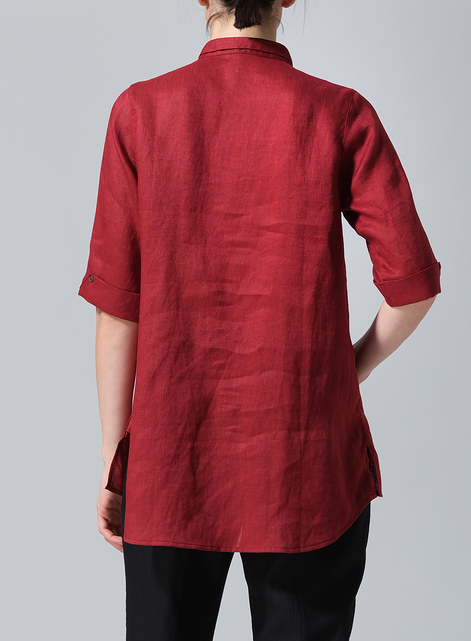 Linen V-Neck Three-quarter Sleeves Shirt