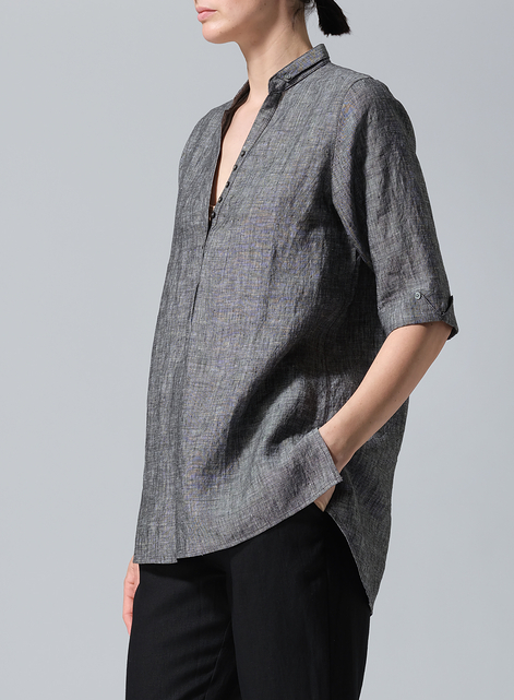 Linen V-Neck Three-quarter Sleeves Shirt