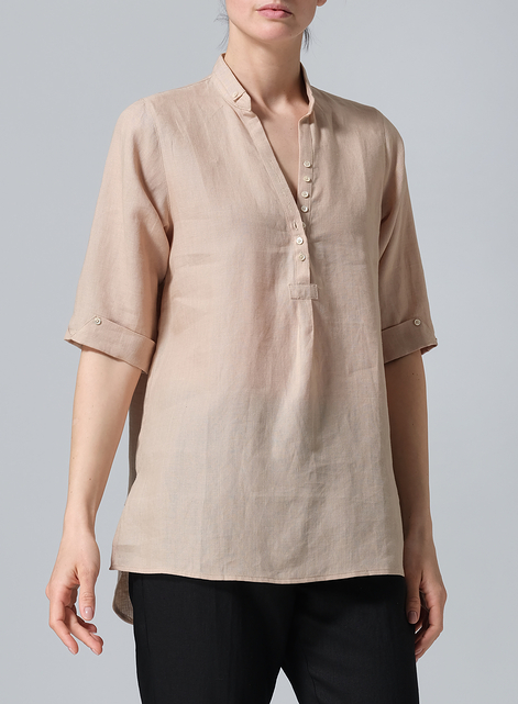 Linen V-Neck Three-quarter Sleeves Shirt