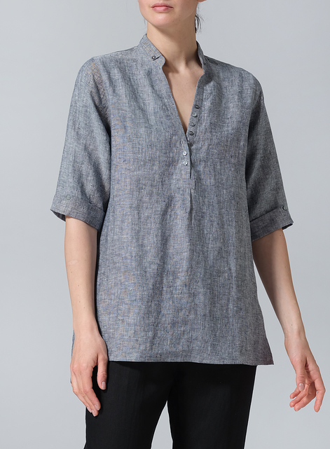 Linen V-Neck Three-quarter Sleeves Shirt