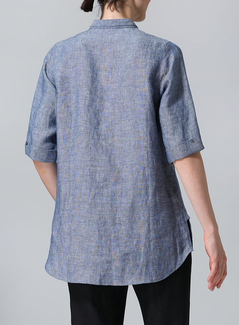 Linen V-Neck Three-quarter Sleeves Shirt