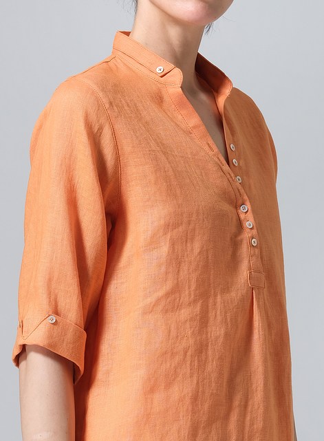 Linen V-Neck Three-quarter Sleeves Shirt