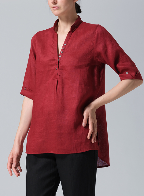 Linen V-Neck Three-quarter Sleeves Shirt