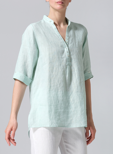 Linen V-Neck Three-quarter Sleeves Shirt
