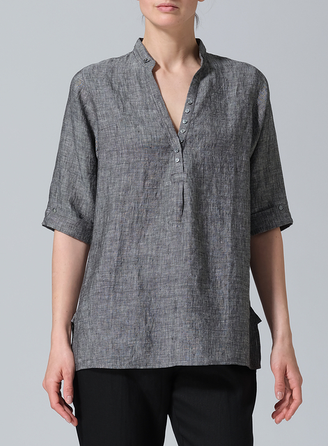 Linen V-Neck Three-quarter Sleeves Shirt