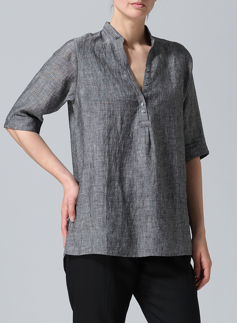 Linen V-Neck Three-quarter Sleeves Shirt