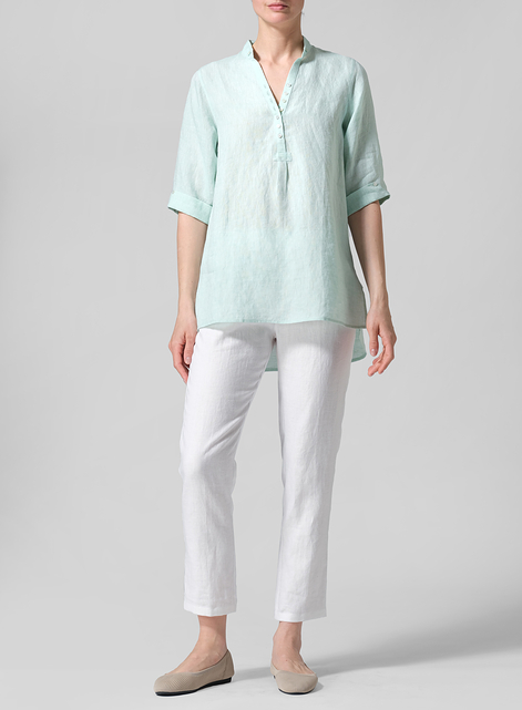 Linen V-Neck Three-quarter Sleeves Shirt