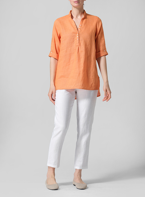 Linen V-Neck Three-quarter Sleeves Shirt