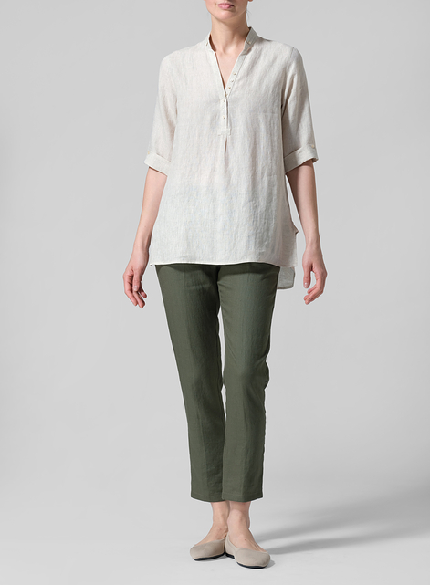 Linen V-Neck Three-quarter Sleeves Shirt