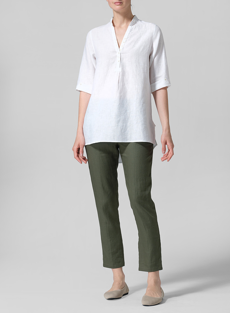Linen V-Neck Three-quarter Sleeves Shirt