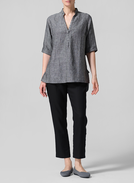 Linen V-Neck Three-quarter Sleeves Shirt