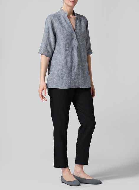 Linen V-Neck Three-quarter Sleeves Shirt