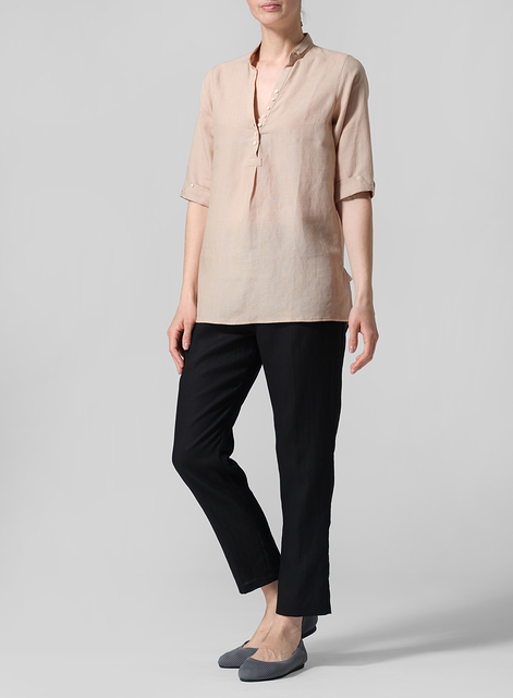 Linen V-Neck Three-quarter Sleeves Shirt