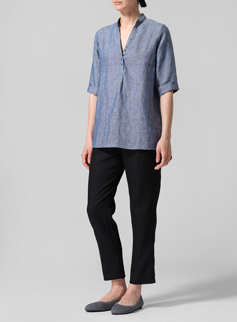 Linen V-Neck Three-quarter Sleeves Shirt