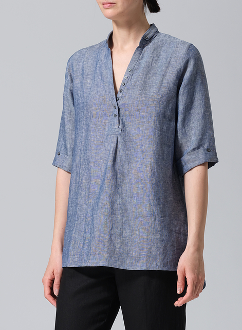 Linen V-Neck Three-quarter Sleeves Shirt