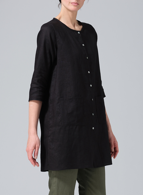 Linen Three-quarter Sleeve Button Front Top