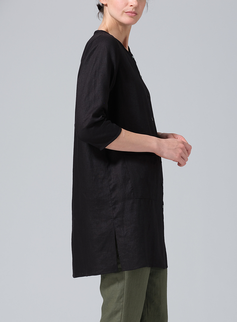Linen Three-quarter Sleeve Button Front Top