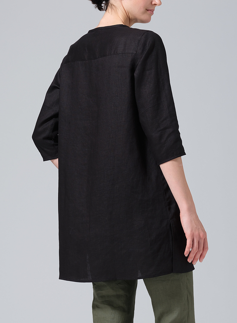 Linen Three-quarter Sleeve Button Front Top