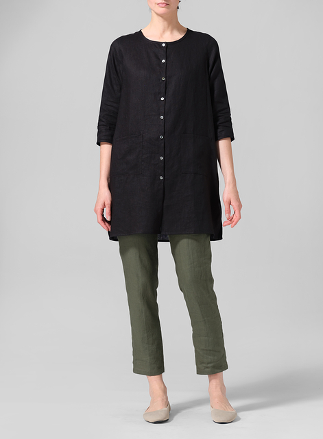 Linen Three-quarter Sleeve Button Front Top