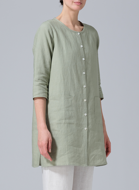 Linen Three-quarter Sleeve Button Front Top