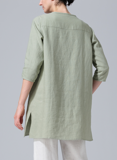 Linen Three-quarter Sleeve Button Front Top