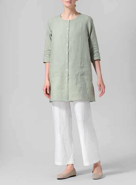 Linen Three-quarter Sleeve Button Front Top