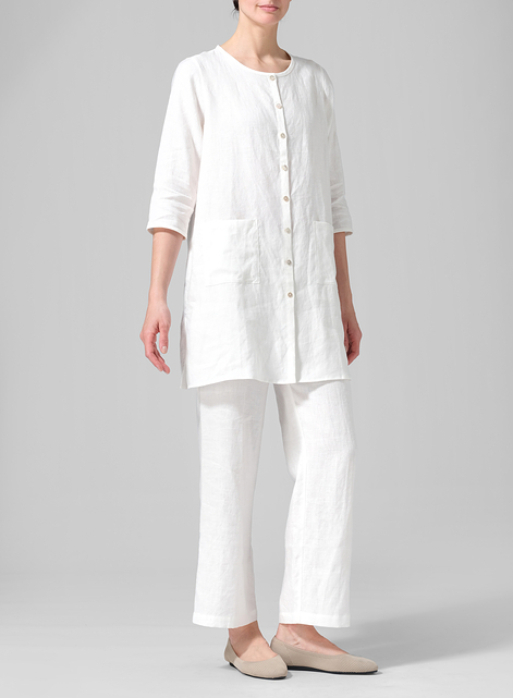 Linen Three-quarter Sleeve Button Front Top