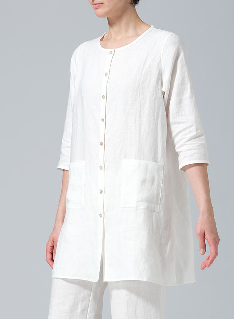 Linen Three-quarter Sleeve Button Front Top
