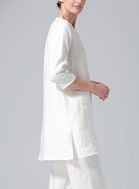 Linen Three-quarter Sleeve Button Front Top