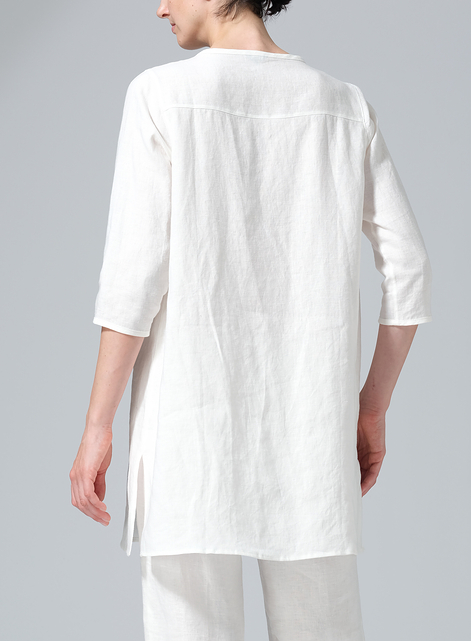 Linen Three-quarter Sleeve Button Front Top
