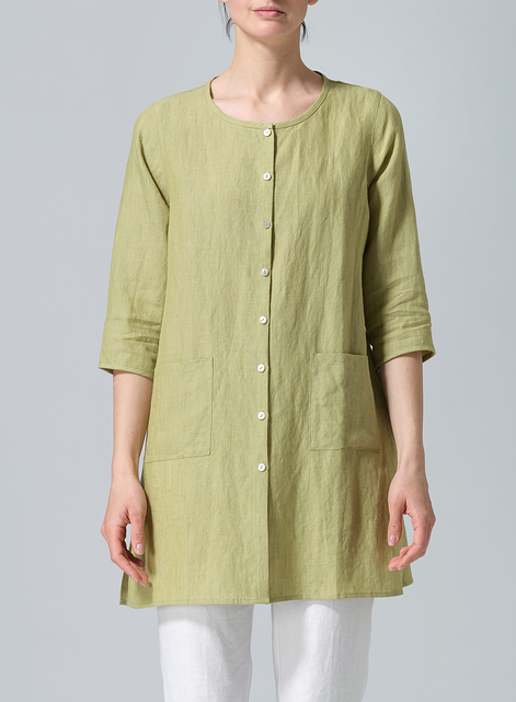 Linen Three-quarter Sleeve Button Front Top