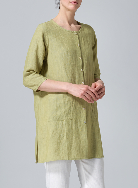 Linen Three-quarter Sleeve Button Front Top