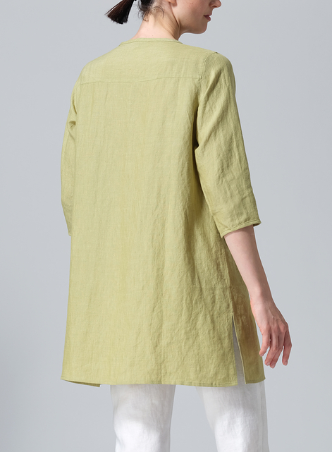 Linen Three-quarter Sleeve Button Front Top