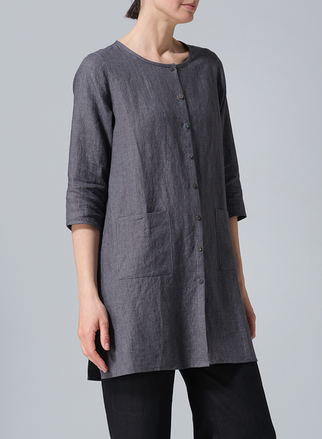 Linen Three-quarter Sleeve Button Front Top