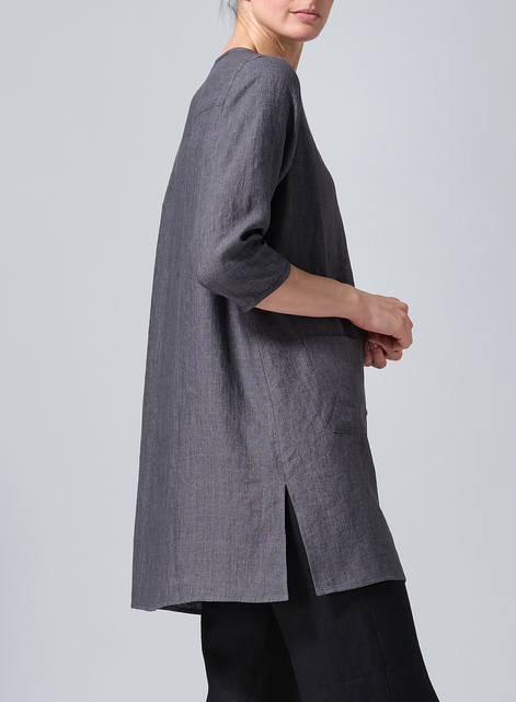 Linen Three-quarter Sleeve Button Front Top