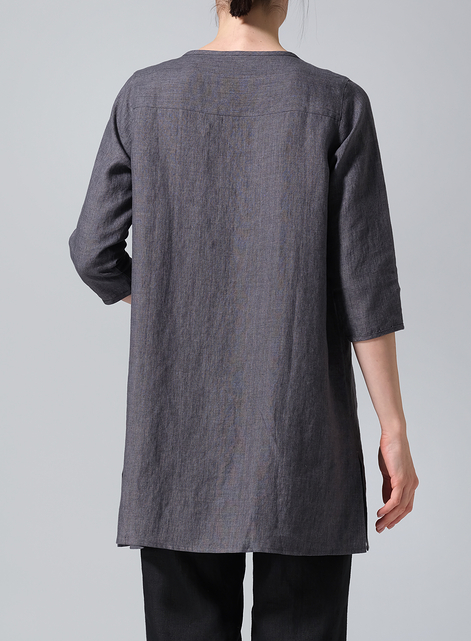 Linen Three-quarter Sleeve Button Front Top