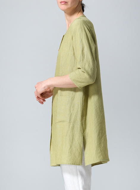 Linen Three-quarter Sleeve Button Front Top
