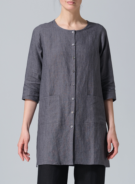 Linen Three-quarter Sleeve Button Front Top