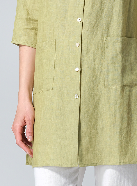 Linen Three-quarter Sleeve Button Front Top